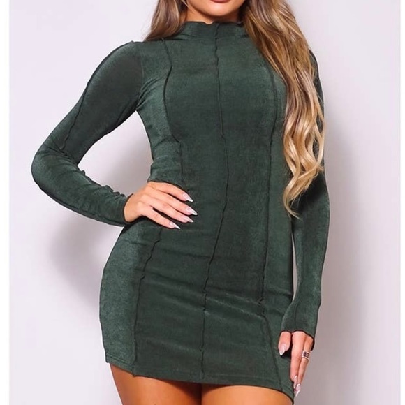 SLINKY MINI DRESS HIGH NECK LONGS LEEVE OVERLOCK MINI DRESS - Picture 1 of 5
